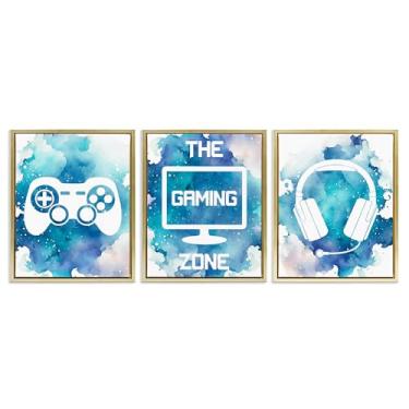 Imagem de Stupell Industries Blue Gamer Splatters Conjunto de tela flutuante com moldura marrom de 3 peças, design por Marcus Prime, 53 x 43 cm
