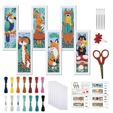 Imagem de FREEBLOSS Conjunto de 6 kits de marcadores de página de ponto cruz, kit de bordado de 11 CT com instruções para adultos, iniciantes, estampa de animais da floresta, 20 x 6 cm