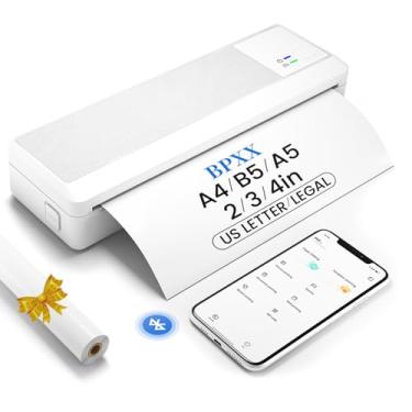 Imagem de BPXX Impressora portátil P83 para viagem sem fio, impressora térmica sem tinta, suporta 21,6 cm x 28 cm e papel térmico A4, impressora móvel Bluetooth compatível com iPhone e laptop Android, branca