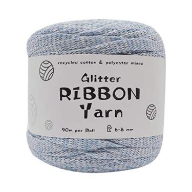 Imagem de Fita de algodão, fio de fita Outgeek multiuso glitter feito à mão fio de crochê para artesanato, Light Blue