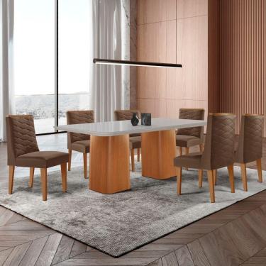 Imagem de Mesa De Jantar Eloise 180cm Tampo Mdf 6 Cadeiras Moderna Veludo Marrom/nat/off/serig. Off