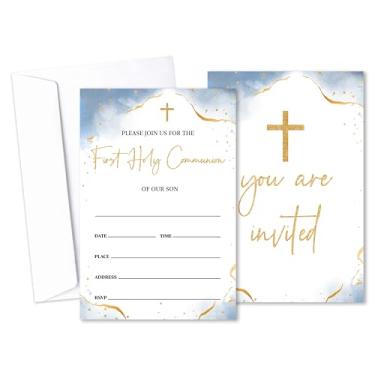 Imagem de Aquarela Folha dourada First Holy Communion Invitation Boy, 25 convites de batismo com envelopes para meninos, convites de primeira comunhão para batismo -12