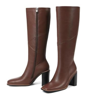 Imagem de Grakihily Botas de cano alto femininas GoGo com salto grosso, T19/marrom, 38