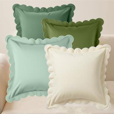 Imagem de AceOrbit Conjunto de 4 capas de almofada recortadas verdes e brancas 45,7 cm x 45,7 cm de algodão verde sálvia decorativa Boho fronha quadrada para decoração de Natal em casa, sofá-cama, sala de estar