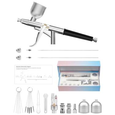 Imagem de Kit de aerógrafo, pistola de aerógrafo gravidade de ação dupla com conjuntos de agulha/limpeza de 0,2, 0,4 e 0,5 mm, escova de ar com copo fluido de 2 1/85.0 g para pintura, modelagem, decoração de