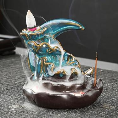 Imagem de Queimador de incenso de refluxo de cerâmica, decoração criativa para casa, queimador de incenso de refluxo em forma de peixe artesanal, aproveite o aroma de sândalo (B-1 azul lua)