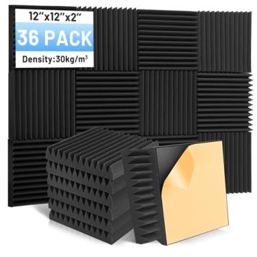 Imagem de Focusound Pacote com 36 painéis de espuma à prova de som, painéis de espuma acústica de 5 cm x 30 cm x 30 cm com painéis de cunha autoadesivos à prova de som de alta densidade para estúdio, escritório