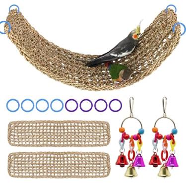 Imagem de 2 peças de tapete grande de algas marinhas, periquito de rede de grama natural de papagaio, escada de corda de escalada com ganchos, acessórios de gaiola de pássaros para calopsita periquito e arara