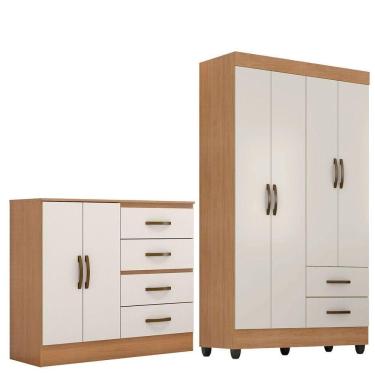 Imagem de Kit Guarda-roupa Solteiro 4 Portas E Cômoda Sapateira 2 Portas Lisa Nature/off White