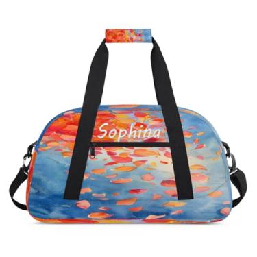 Imagem de Bolsa esportiva personalizada com folhas de outono laranja e azul com nome, bolsa de dormir personalizada, bolsa de fim de semana, bolsa de treino para dança, balé, academia, ginástica, mala de viagem