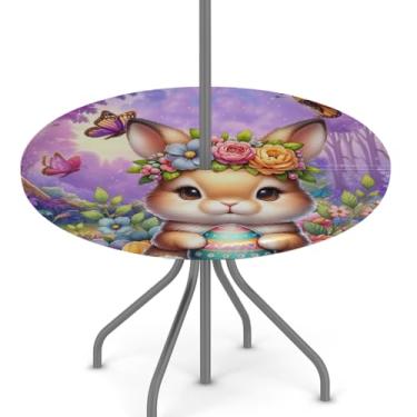 Imagem de hongjinglin Toalha de mesa de Páscoa para uso ao ar livre com orifício para guarda-chuva, toalha de mesa redonda elástica com zíper, impermeável, limpável, para piquenique, festa, pátio, serve para