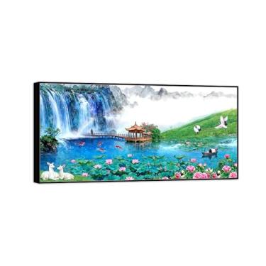 Imagem de BMZFYBS Chinoiserie Arte de parede paisagem imagem em tela - montanha cachoeira flores de lótus - pintura chinesa - impressões de moldura preta para decoração de casa 20 x 40 cm 8 x 16 pol