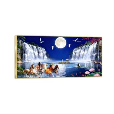 Imagem de Imagem em tela de paisagem de parede chinoiserie - Cachoeira cavalo do lago - pintura chinesa - impressões em moldura dourada para decoração de casa 70 x 140 cm 27 x 55 pol