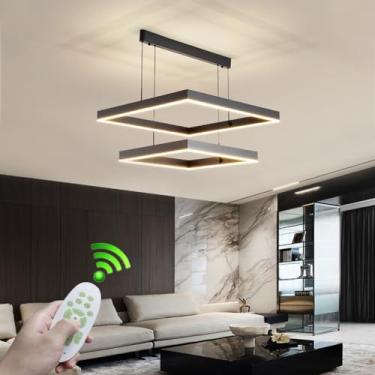 Imagem de Lustre moderno de metal com 3 anéis, luminária de teto geométrica com controle remoto para dimerização de 3000k a 6500k, luminária decorativa quadrada criativa adequada para sala de estar, q