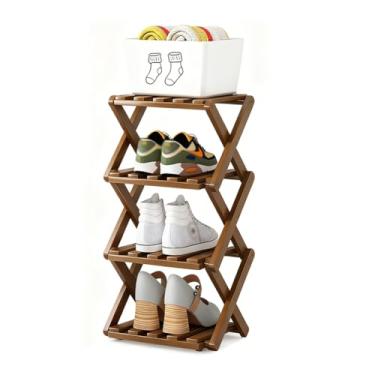 Imagem de SPXMQSS Sapateira dobrável de bambu, sapateira portátil de madeira, armário de sapatos de pé livre, prateleira de armazenamento multifuncional para entrada no quarto, sem instalação, marrom escuro, 4