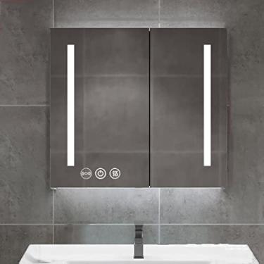 Imagem de Armários de banheiro com luzes, armários de espelho de banheiro SPXMQSS inteligente anti-neblina sensor humano de escurecimento contínuo com prateleiras espelho de LED armário montado na parede com