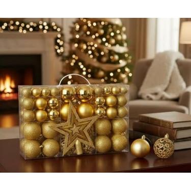 Imagem de Kit C/100 Bolas de Natal Lisas/Foscas/Glitter - Dourada com estrela, enfeite natalino Festas
