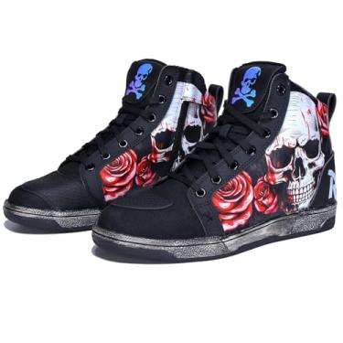 Imagem de GXZUORUI Tênis gótico de lona de cano alto, preto, design com estampa de caveira, sapatos de motocicleta, botas casuais de caminhada com sola de borracha (vermelho, adulto, masculino, 40, numérico
