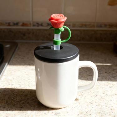 Imagem de Capa de canudo para tampa de bebida floral - Protetor de silicone em forma de rosa com canudo, tampa decorativa para acessórios de copos e garrafas (laranja)