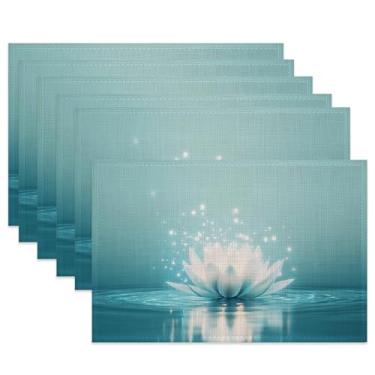 Imagem de Jogo americano de pano, conjunto de 6 jogos americanos de tecido de lótus com glitter, tapetes de mesa azuis laváveis, tapetes decorativos para jantar, casa, cozinha, festas de fim de ano, 29 x 44 cm