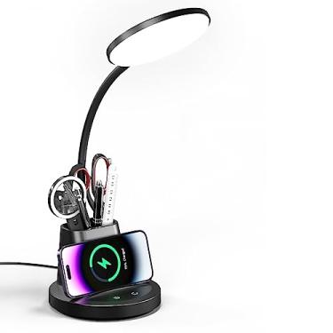 Imagem de Vicsoon Lâmpada de mesa LED com carregador sem fio, lâmpada de mesa para escritório em casa com suporte de telefone para caneta, braço flexível, regulável, 3 modos de cor, cuidados com os olhos