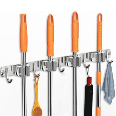 Imagem de Suporte de Parede Organizador com 4 Prateleiras e 5 Ganchos, Aço Inoxidável SUS304, 49cm x 4.7cm, Rolos de Silicone Antiderrapantes, para Vassouras e Esfregões (4 clipes, 5 ganchos, 1, Peça)
