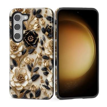 Imagem de ZHEGAILIAN Capa para Samsung Galaxy S23, capa rígida à prova de choque + silicone macio 2 em 1, híbrido, à prova de choque, proteção contra quedas, flor preta e branca
