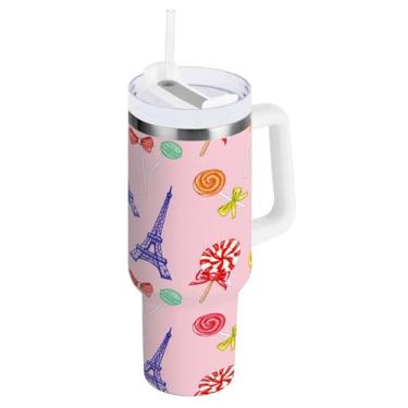 Imagem de Kigai Copo de 850 g com alça, Torre Eiffel e pirulitos com isolamento térmico com tampa e canudo, garrafa de água esportiva de metal grande, caneca de café de viagem de aço inoxidável