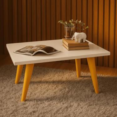 Imagem de Mesa de centro retangular retrô, com pés em formato de fuso de PVC cor caramelo, ideal para decoração moderna de salas de estar com sofá(Off-White)