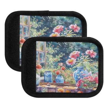 Imagem de Qilmy Linda flor janela alça de bagagem envoltório pacote 2 identificadores de bagagem etiqueta confortável alça pega capa para carrinho mala mala avião acessórios de viagem 923