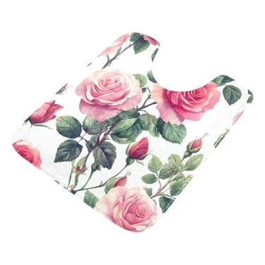 Imagem de Burbuja Tapete de banheiro rosas vermelhas rosa, tapete de banho absorvente de pelúcia macio, base de vaso sanitário antiderrapante para piso de banheiro, oval em forma de U