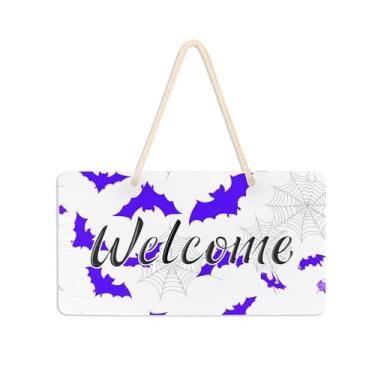 Imagem de Burbuja Placa de boas-vindas de morcegos roxos para porta da frente, placa de boas-vindas de PVC para decoração de férias de casa de fazenda, 15 x 28 cm