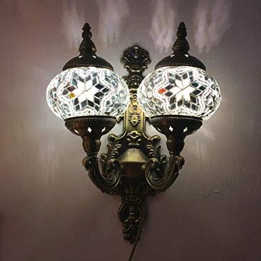 Imagem de Luminária de parede turca de mosaico com 2 braços, arandela marroquina, luminária de parede boêmia de vidro para cabeceira, ideal para sala de estar, quarto, corredor, varanda, café ou bar.