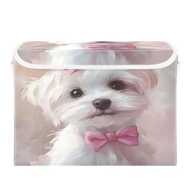 Imagem de STAYTOP Cão branco com uma gravata borboleta cesto de armazenamento dobrável com tampa, caixa de armazenamento decorativa, organizador de cubos, cestas de armazenamento para quarto, armário e sala de