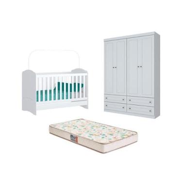Imagem de Berço Bala de Menta e Guarda Roupa Americano 4 Pts Branco e Colchão - 