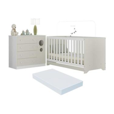 Imagem de Berço Americano 3 em 1 com Colchão Incluso e Cômoda 1 Porta 4 Gavetas Pirulito Multimóveis Mp4715 Branco/off White
