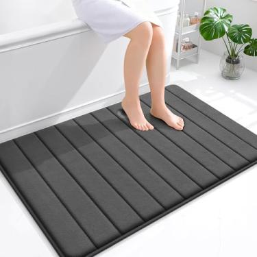 Imagem de OLANLY Tapete de banho listrado de espuma viscoelástica 111 x 81 cm, tapetes absorventes super macios, secagem rápida, tapetes de chuveiro laváveis na máquina, tapete de banho, acessórios de decoração