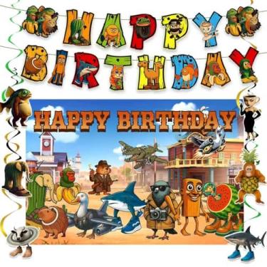 Imagem de Conjunto de decorações de festa de aniversário italiano Brainrot - Inclui faixa e pano de fundo e suspensão em espiral, suprimentos para festa de aniversário Tralalero Tralala. (Deserto)