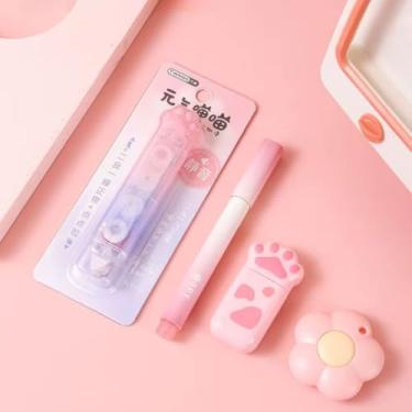 Imagem de Kit Essencial Papelaria Fofa 4 itens - Estilete, Marca Texto, Cola em fita + Corretivo em fita e Borracha (Rosa)