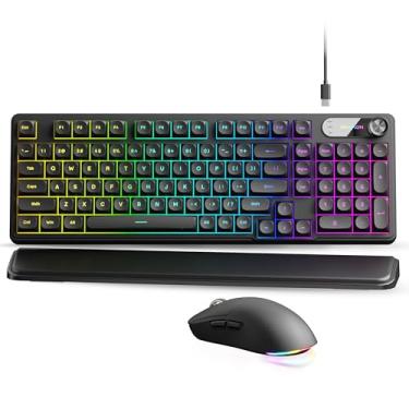 Imagem de EWEADN C98 Combo de teclado e mouse com fio, teclados de computador com fio com palma de pulso, teclas de disparo duplo, teclado com luz de fundo RGB silencioso para Windows/MAC/PC (preto)