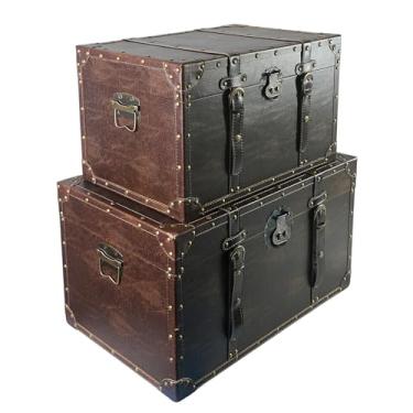 Imagem de DreamsEden Baú de tesouro grande de madeira – Porta-malas de armazenamento decorativo vintage com tampa articulada, grande caixa de lembrança de couro de madeira, conjunto de 2