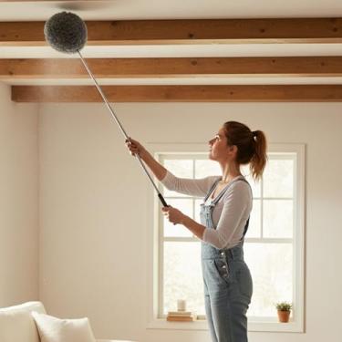 Imagem de Espanador de penas extensível removedor de poeira telescópico para móveis de carro de escritório doméstico ferramenta multiuso de limpeza de teto alto (cinza, cabeça redonda)