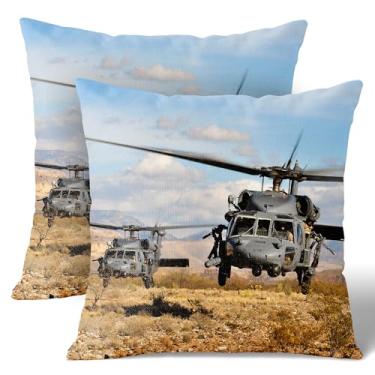 Imagem de Wknoon Conjunto de capas de travesseiro de linho 45,7 x 45,7 cm (pacote com 2) - UH-60 Black Hawk Militar Helicóptero Caça Aeronave, Capa Premium para Sofá com Zíper Oculto, Decoração para Cama/Sofá