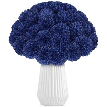 Imagem de LPREUTWN 36 peças de crisântemos artificiais flores azuis bola flor seda falsas mães flores para decoração de casa ao ar livre casamento arranjo floral mesa de dia de São Patrício centro de mesa