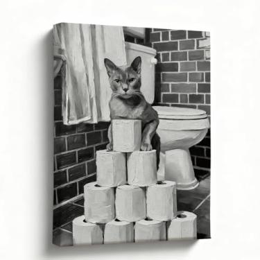 Imagem de Arte engraçada de parede de banheiro de gato, 20 x 25 cm, impressão em tela de torre de papel higiênico, decoração de banheiro preto e branco para banheiro de hóspedes, arte de humor moderna, pronto