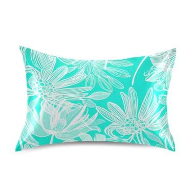 Imagem de Fronhas de cetim com folhas brancas floral aqua estampa fofa arte refrescante padrão King Queen fronha decoração de quarto estética tamanho padrão 66 cm x 50 cm