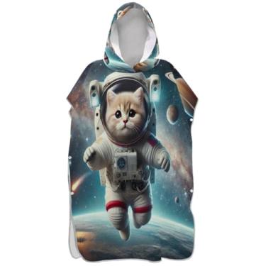 Imagem de Joisal Poncho de surfe trocador de roupão para adultos praia moletom toalha floral plus size gatinho fofo gato astronauta mulheres ponchos com capuz