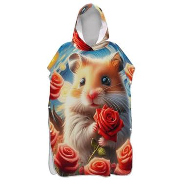Imagem de TSENQUE Roupão de mudança de noite estrelada com flor de hamster para adultos poncho de surfe toalhas de banho com capuz reutilizáveis unissex poncho adulto com capuz