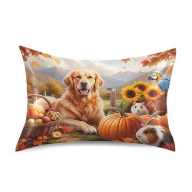 Imagem de Art Autumn Golden Retriever Dog Fronhas de cetim engraçadas personalizadas refrescante King Queen fronha padrão fronha macia tamanho king 101,6 cm x 50,8 cm