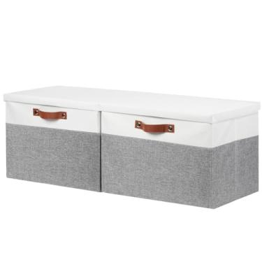Imagem de DULLEMELO Caixas de armazenamento de tecido com tampa, conjunto de 2 caixas de armazenamento decorativas grandes para prateleiras com alças de couro, cestas de armazenamento dobráveis para armário